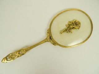 Vintage 14 " Gold Tone Ornate Embossed Hand Held Vanity Mirror W/ Flower Rose