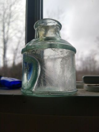 Vintage Light Green Aqua Barrel Ink Bottle,  Very Cool Bubble,  Crude Glass