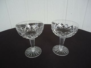 2 Vintage Art Deco Cut Crystal Hollow Stem Champagne Glasses Bohemia Pair