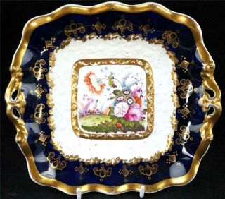 Bd Antique English Regency Period Dessert Dish Painted Flowers Cobalt Blue