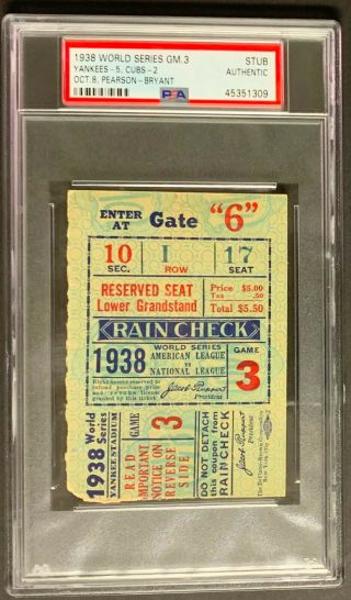 1938 World Series Ticket Game 3 York Yankees V Chicago Cubs Psa Authentic