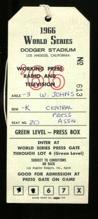 1966 World Series Press Pass Ticket Orioles V Dodgers Dodger Stadium 25355