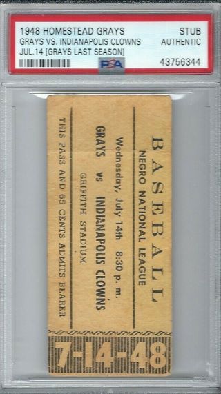 1948 Negro League Baseball Ticket Homestead Grays V Indianapoilis Clowns Psa