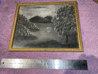 Antique American Framed Sandpaper Painting/marble Dust Painting,  Ship In Harbour