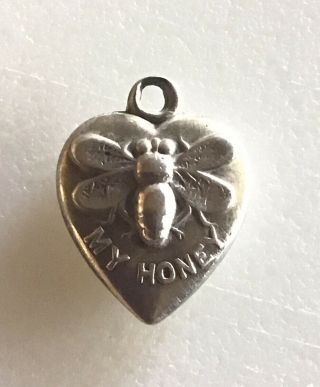 Antique Sterling Silver Puffy Puffed Heart Bee My Honey Charm Pendant