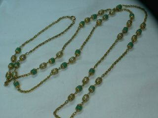 .  Vintage Long Gold Tone Jade Green Peking Glass & Faux Pearls Beads Necklace.