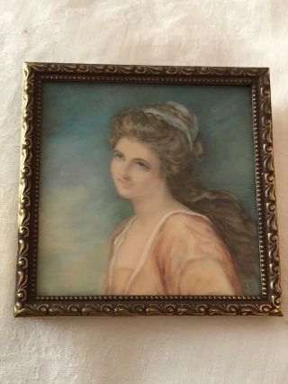 Antique Portrait Miniature Painting Of Young Girl Signed Lp Vintage Painting