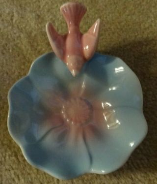 Vintage Royal Copley Lotus Blue Flower And Pink Bird,  Trinket Dish