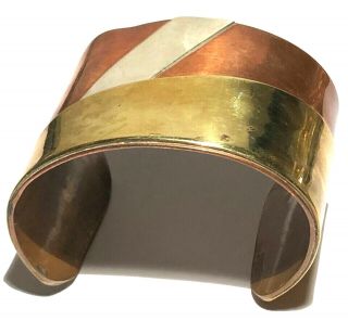 Vintage Artisan Silver Copper Brass Modernist Sculpture Cuff Bracelet