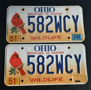 2002 Stickered Ohio Wildlife / Cardinal Embossed License Plate Pair; 582 Wcy