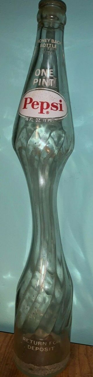 Vintage One Pint Pepsi - Cola Bottle With Stretched Neck Clear Glass See Photos