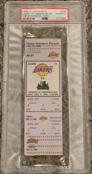 Kobe Bryant Rookie Lakers Ticket Stub 11 Points 12/8/96 1996 Psa Authentic Slab