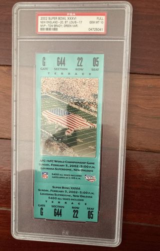 2002 Bowl Ticket Psa Gem 10 Green Brady Mvp Full Patriots Cardinals
