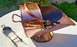 Antique Copper Coal Scuttle Bucket,  Picker Tong Victorian Shiny Rustic 45cm