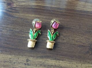 Vintage Avon Tulip Dangle Earrings Pink Green Enamel Gold Tone Flower Pierced