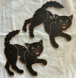 2 Vintage Halloween Beistle Black Cat Jointed Diecut Cardboard Paper Decoration