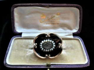 Antique Victorian Black Enamel & Seed Pearl Hair Mourning Locket Brooch Pin