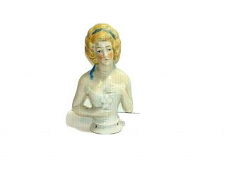 Vintage Half Doll Porcelain Pin Cushion Hand Painted Blonde Hair Blue Ribbon 3 "