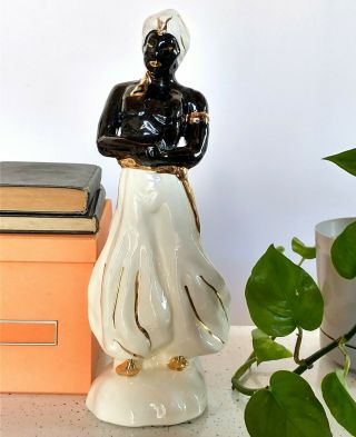 Mid Century Harem Statue Kitsch Shiek Prince Ceramic Black Gold & Glazed Vtg Art