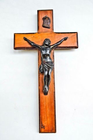 Vintage Hand Constructed Wood Crucifix With Bronze Jesus Christ Figure