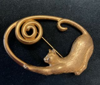 Vintage Jewelry Brooch Pin Cat Jj Brushed Gold Tone Metal