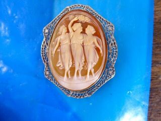 Victorian/edwardian 14k White Gd Filigree Frame 3 Graces Carved Cameo Pin Brooch