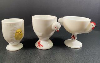 Vintage Egg Cup Family Set 3,  Rooster,  Hen,  Chick,  Milk Glass,  Westmoreland