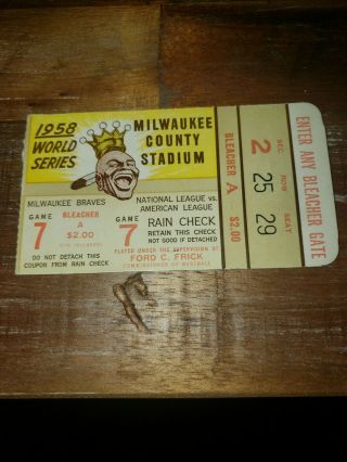 1958 Game 7 World Series Ticket Stub Milwaukee Braves Vs York Yankees Aaron