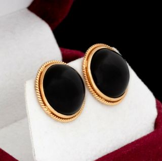 Antique Vintage Deco Retro 14k Yellow Gold Black Onyx Domed Round Stud Earrings