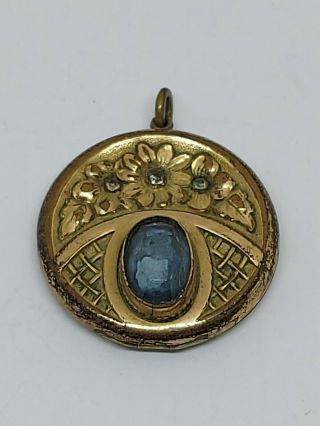 Vintage Antique Art Nouveau Ornate Floral Blue Glass Gold Tone Locket Pendant