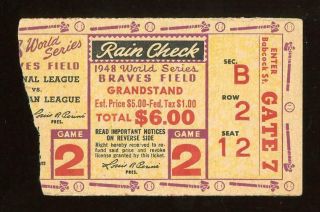 1948 World Series Ticket Stub Gm 2 Braves & Indians