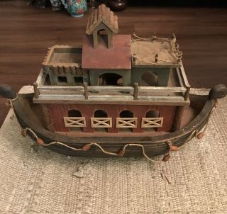 Antique Folk Art Wooden Noah’s Ark Boat Great Shape 23”