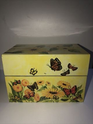 Vintage Syndicate Metal Recipe File Box Yellow Flowers Butterflies 3x5 Index