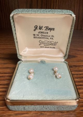 Vintage Van Dell 12k Gold Filled Cultured Pearl Earrings Set With Box