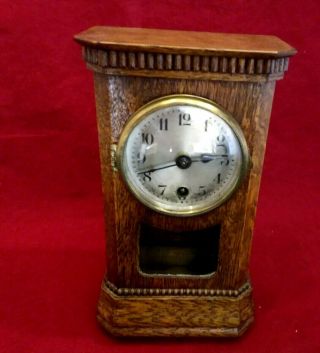 Antique H.  A.  C Mantel Clock Oak Case Brass Movement Collectible Germany