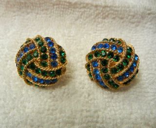 Vintage Signed Lisner Blue And Green Rhinestone Clip On Earrings Gold Tone