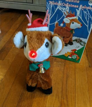 Vintage Walking Musical Christmas Reindeer Lighted Nose Battery Op W/box