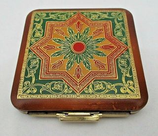 Vintage Lin Bren Creation Embossed Leather Powder Compact W/mirror Slide Latch