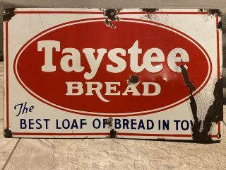 Antique Porcelain Taystee Bread Advertising Sign Vintage 9 1/2” X 16”