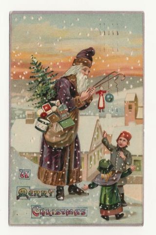 Postcard Vintage Christmas Purple & Brown Robe/coat Santa Germany 1909 Embossed