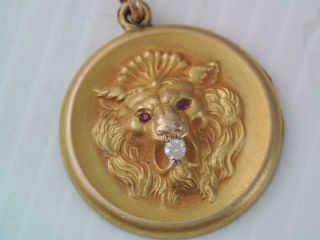 Antique Art Nouveau Gold Filled Diamond & Ruby Eye Lion Head Pendant $9.  99