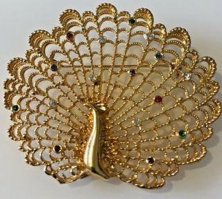 Vintage Estate Gold Tone Peacock Costume Brooch Pin Small Rhinestones