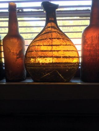 Old Antique Blown Pontil Yellow Amber Chestnut Flask Whiskey Liquor Bottle