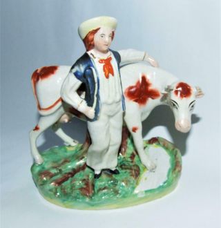 English Antique Staffordshire Farm Boy & Cow Figure Group Early Victorian C1800