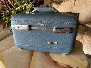 Vintage American Tourister Tri Taper Train Makeup Case Blue Hard Luggage 1960s