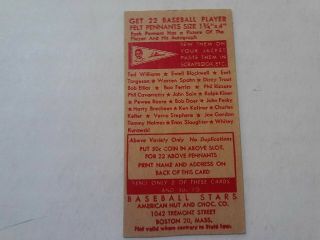 Very Rare 1950 American Nut & Chocolate Pennants Advertising Card W/ted Williams