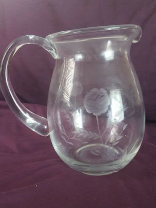 Vintage Small Clear Glass Pitcher Etched With Flowers 7 " X6 "