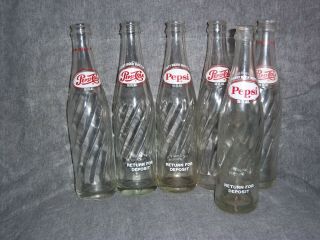 6 Vintage 10 Oz.  Pepsi - Cola Clear Swirl Soda Pop Bottles / Coke,  Dr.  Pepper