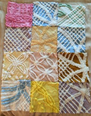 Vintage Chenille Bedspread Fabric,  Twelve 6 " Squares,  All Ring Patterns Vgc