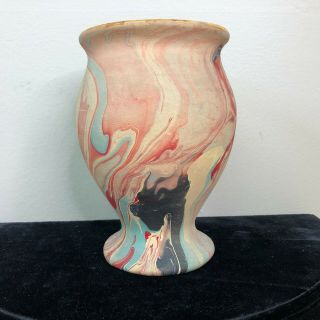 Vintage Nemadji Pottery Vase 5.  5 " Red Black Blue Swirl Unglazed Pot
